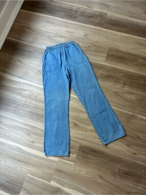 70s Vintage Light Blue Elastic Waist Cotton Denim Pants